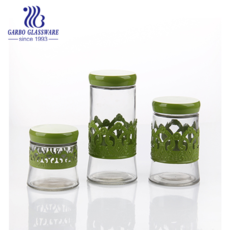Wholesale Cheap Stocked 3PCS Different Sizes Glass Storage Peanut Cookie Kitchen Storage Jar Bottle with Colored Customized Color Green Plastic Lid for Home Use