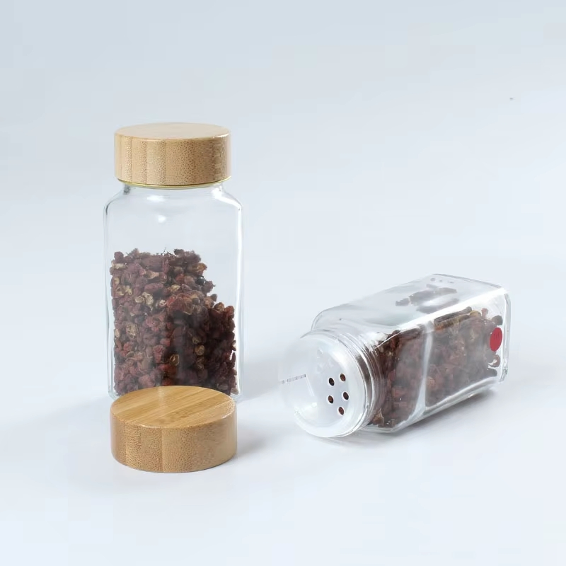 120ml Square Shape Seasoning Bottle Glass Spice Jar with Plastic Shaker and Bamboo Lid