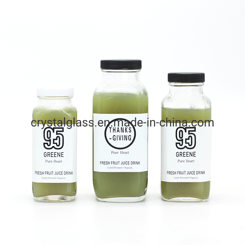 6oz 8oz 12oz French Square Glass Juice Bottle with Plastic/Aluminum Lid Cap