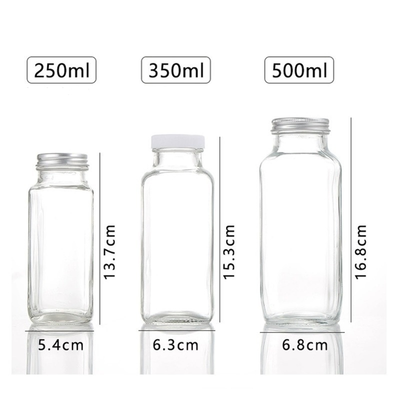 250ml 350ml 500ml Clear Square Juice Milk Beverage Glass Bottle with Plastic Cap