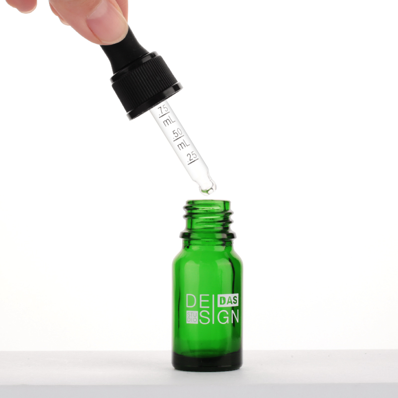 10ml 1oz Logo Printed Cuticle Facial Beard Essential Oil Green Glass Dropper Bottle with Plastic Ribbed Dropper
