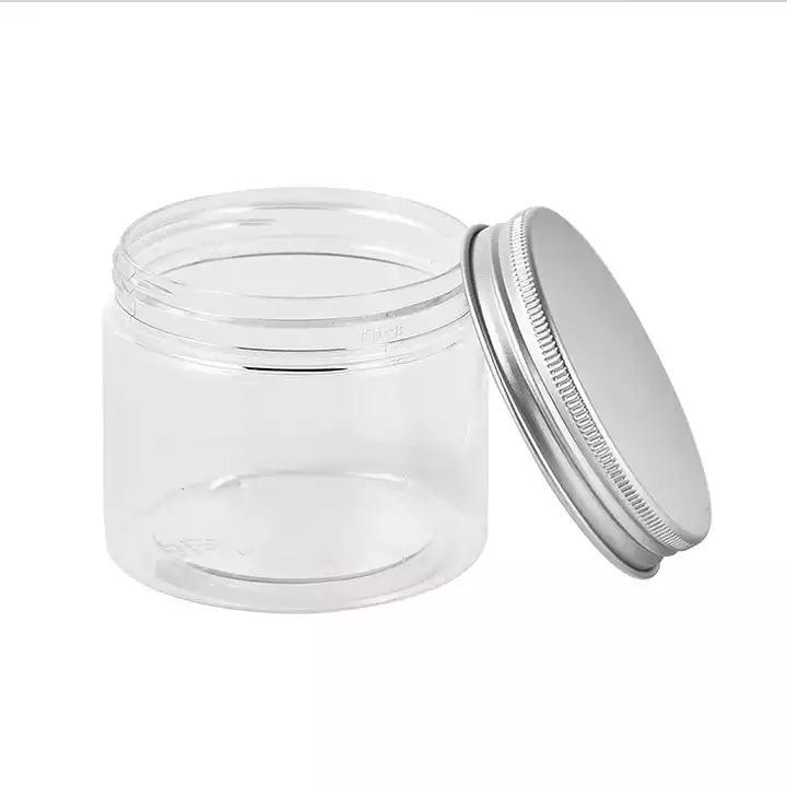 Wholesale Food Grade Pet Plastic Jars Plastic Empty Clear Wide Mouth Cosmetic Food Storage with Aluminum Silver Screw Lid