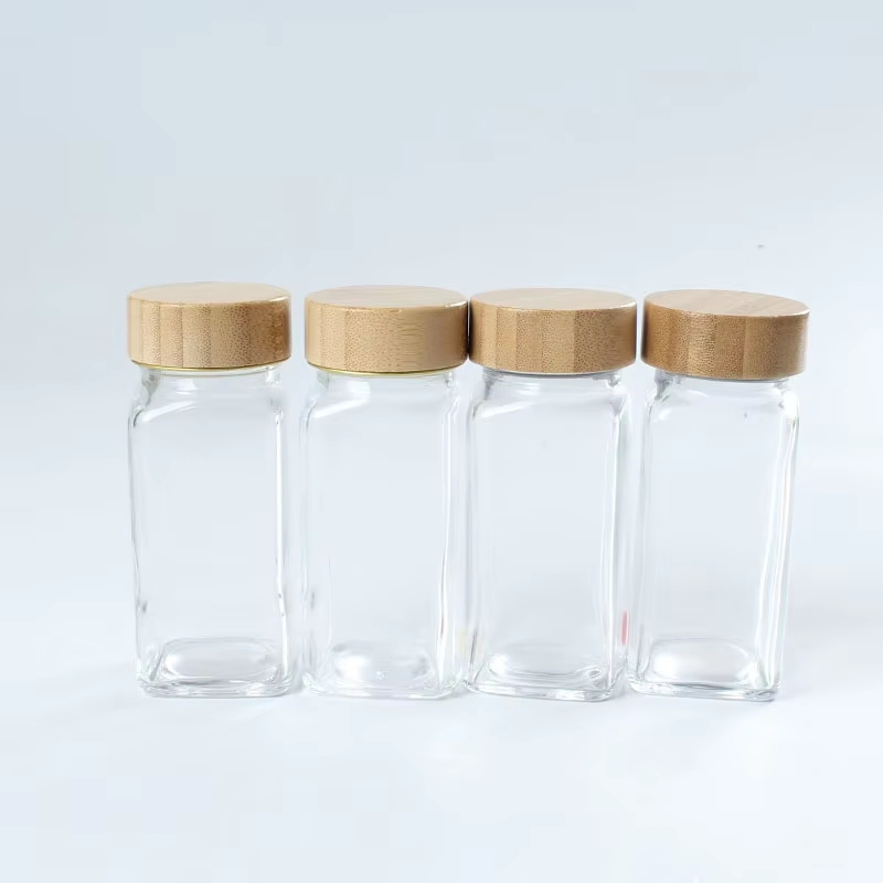 120ml Square Shape Seasoning Bottle Glass Spice Jar with Plastic Shaker and Bamboo Lid