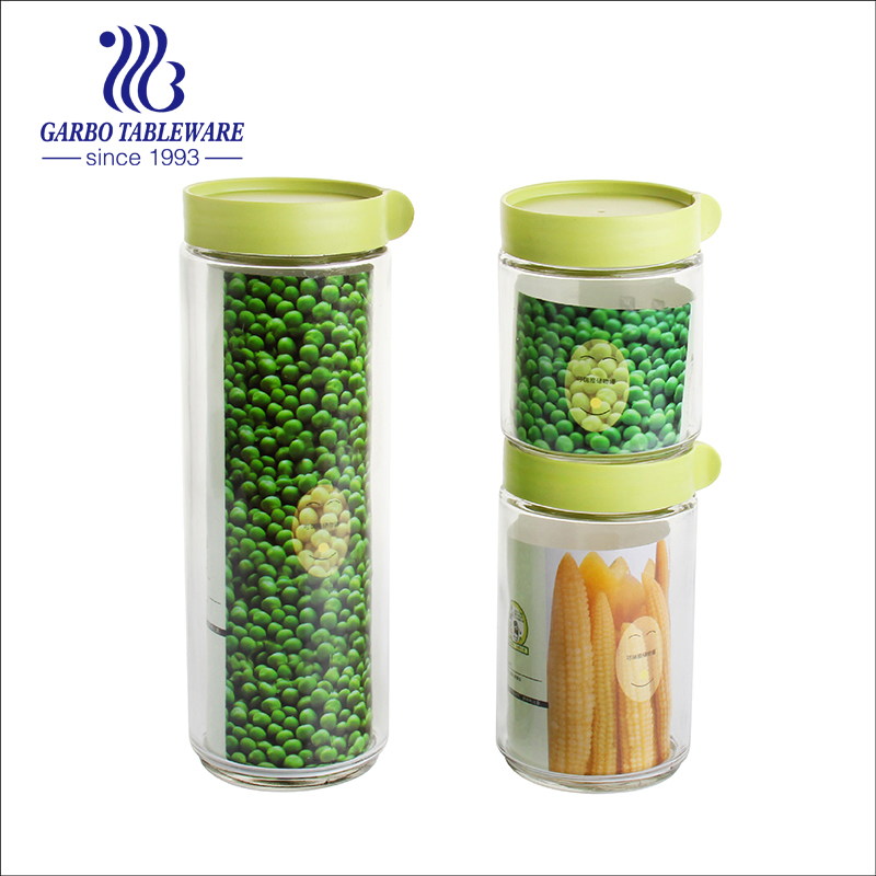 Wholesale Cheap Stocked 3PCS Different Sizes Glass Storage Peanut Cookie Kitchen Storage Jar Bottle with Colored Customized Color Green Plastic Lid for Home Use