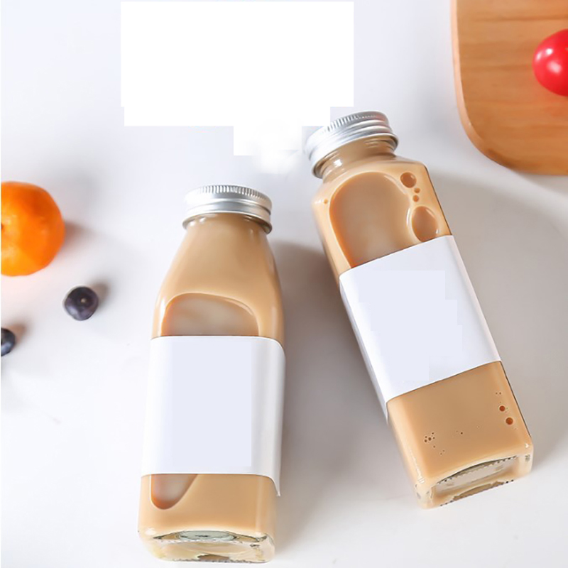 10oz Square Glass Milk Beverage Bottle with Safety Plastic Cap