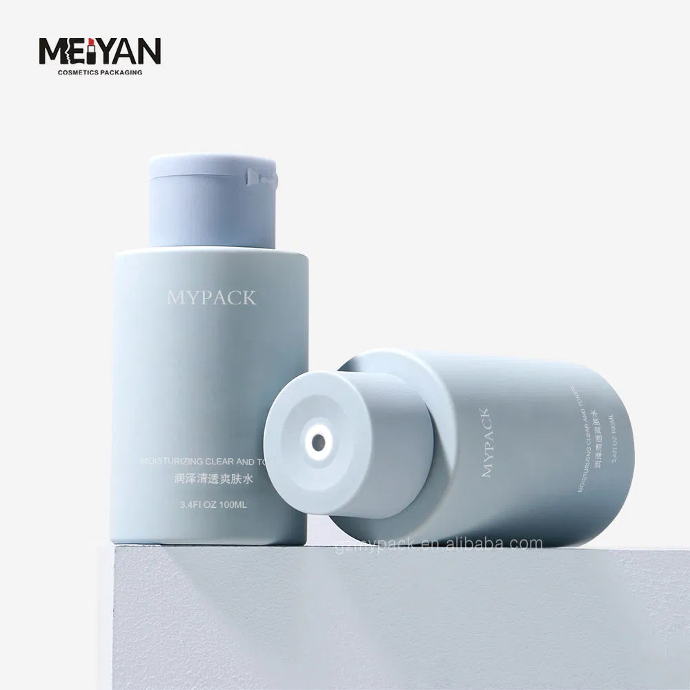 Mypack Blue Soft Touch Eco Friendly Pet Plastic Bottle Luxury Smooth Plastic Flip Top Cap for Cosmetic Bottles 100ml