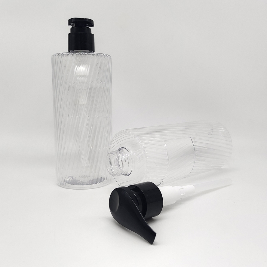Cosmetic Packaging 500ml Pet Plastic Unique Water Ripple Shape Shampoo Transparent Color Bottle with Black Lotion Pump Sugarcane, Biodegradable PLA