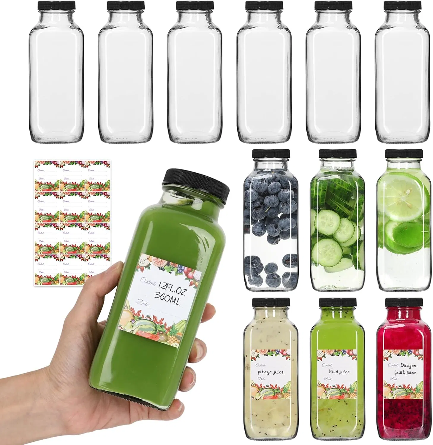 250ml 350ml 500ml Clear Square Juice Milk Beverage Glass Bottle with Plastic Cap