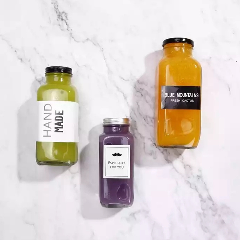 500ml Square Glass Bottle with Plastic Lid and Aluminum Lid Juice Square Bottle Beverage