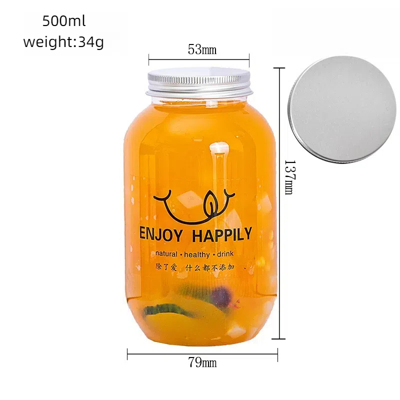 500ml Transparent Chubby Juice Drink Plastic Bottle Cylindrical Pet Disposable Milk Tea Cup Fat Cylinder Bottle with Aluminium Lid
