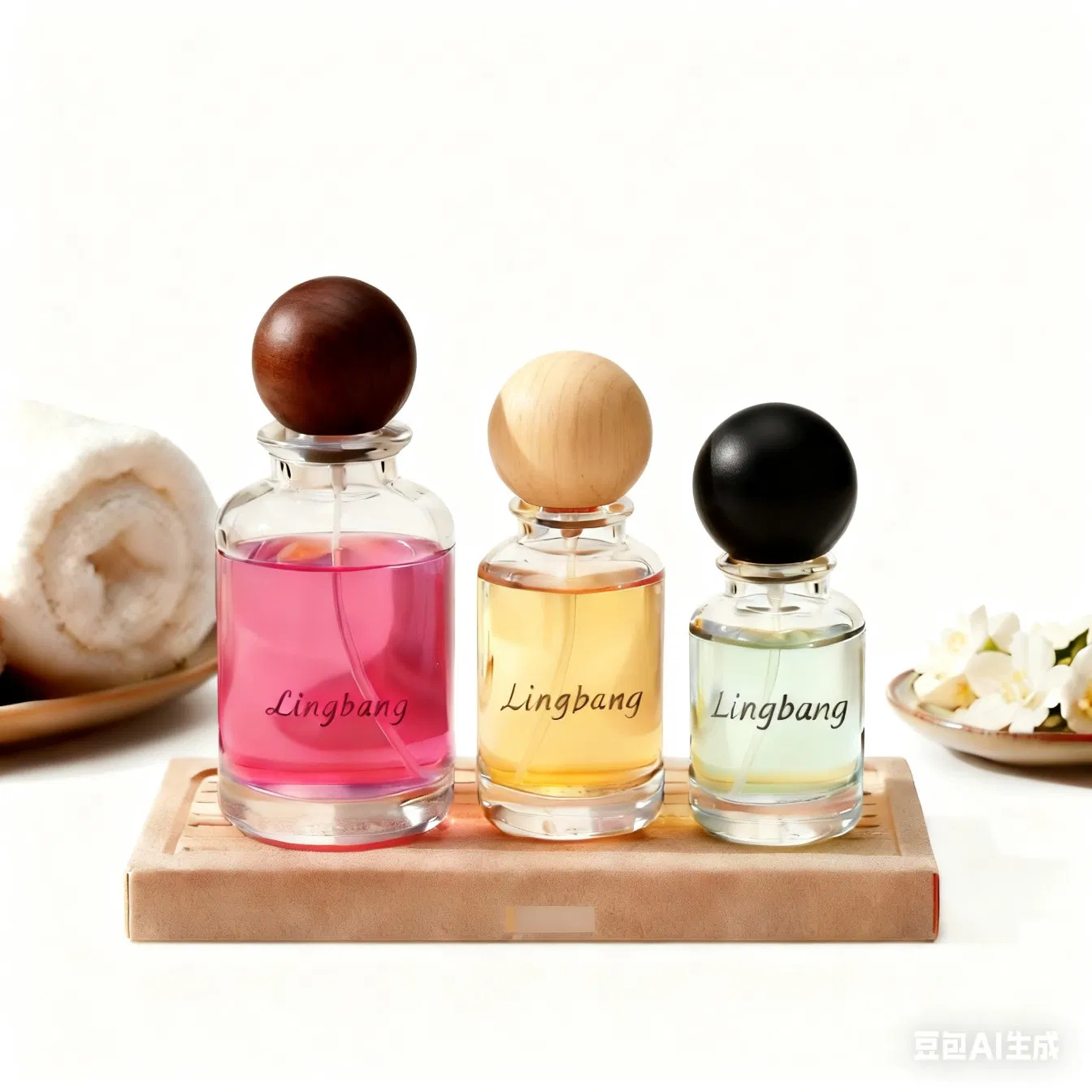 Wholesale 30ml 50ml 100ml Clear Round Fragrance Glass Perfume Bottle with Plastic Wooden Lids