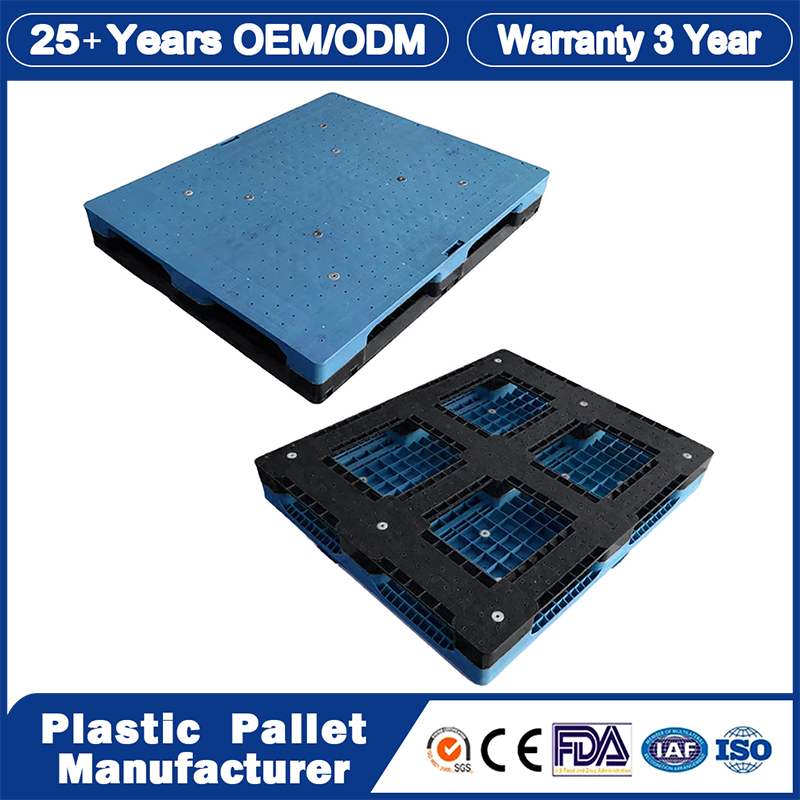 1200X800/1200X1000 OEM Reinforced Selective Water Bottle Deck Stacking Steel HDPE Euro Stackable 6 Runners Double Faced Plastic Tray Pallet Manufacture