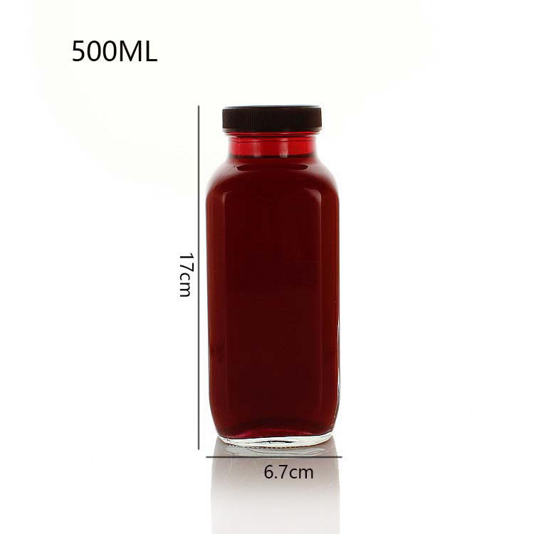 Wholesale 16oz 500ml Empty Square Fruit Juice Milk Beverage Glass Bottle with Plastic Lid