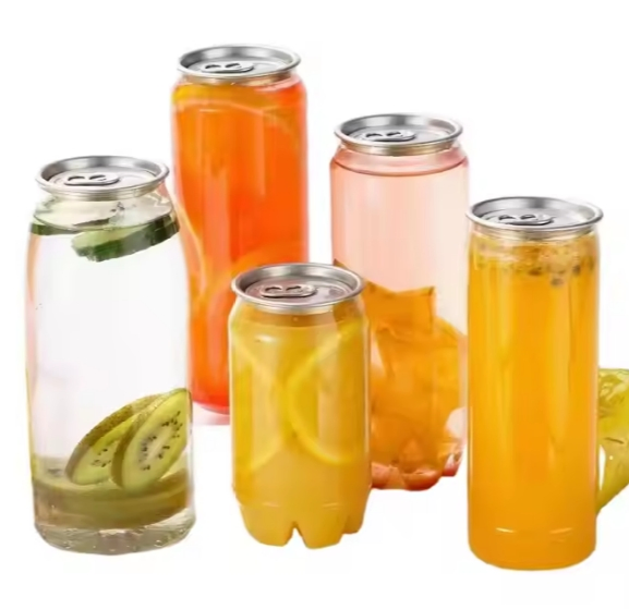 Wholesale Food Grade Printed Transparent Empty Plastic Beverage Bottle 400ml Pet Plastic Easy Open Soda Juice Soft Drink Can with Lid