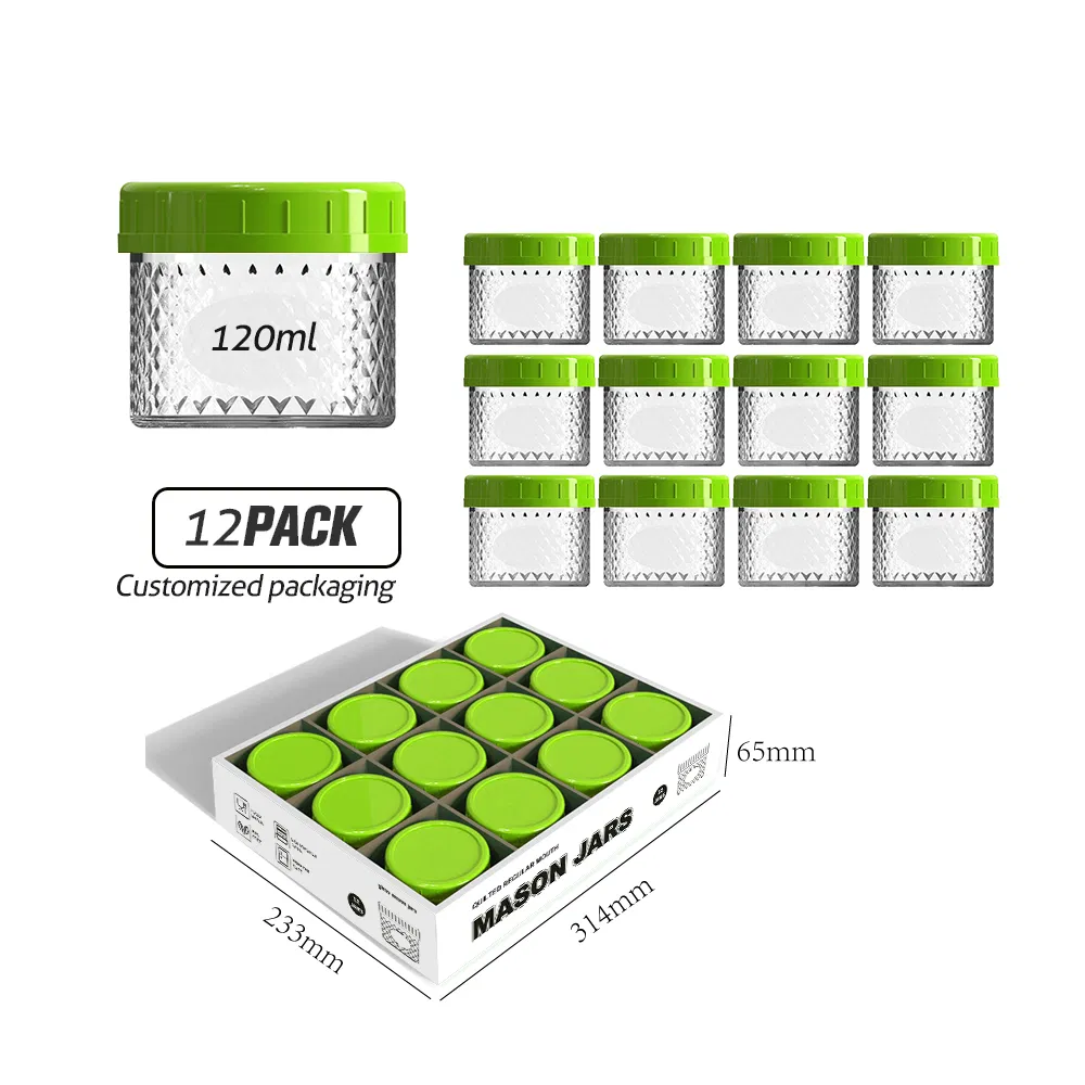 Reusable 120ml 4oz Round Wide Mouth Mason Jar Glass Food Storage Container with Red Plastic Lid for Jam Jelly Pickle Caviar Honey Spice