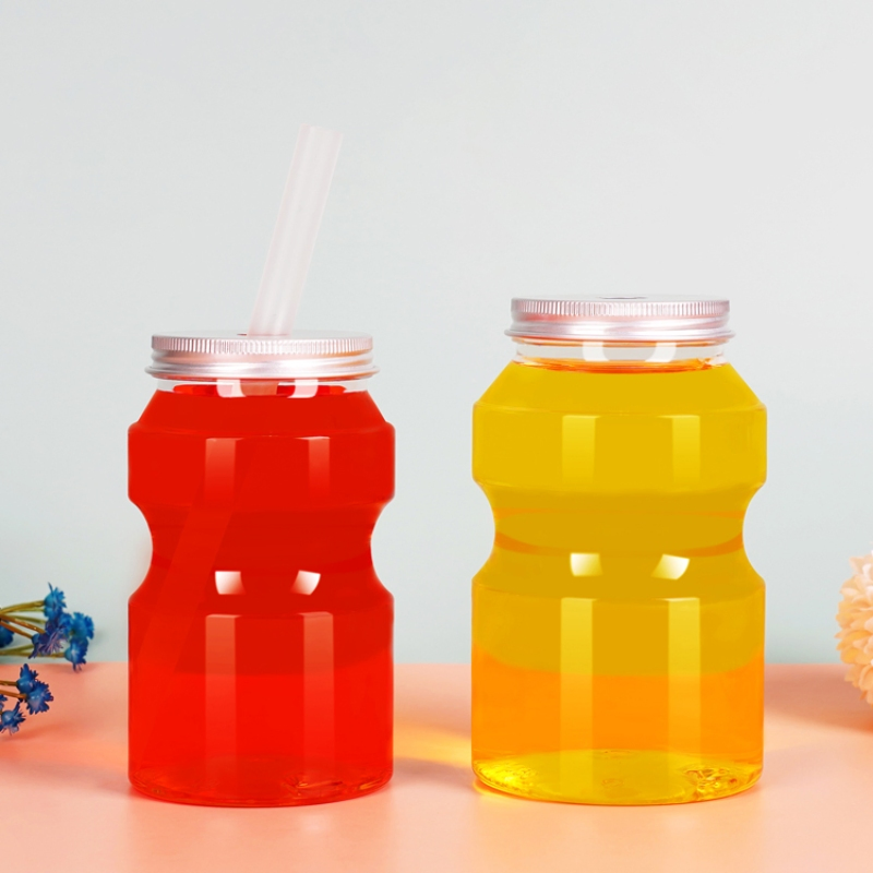 Custom Logo Print Plastic Juice Beverage Tea Drinking Shape Bottle with Aluminium Cover