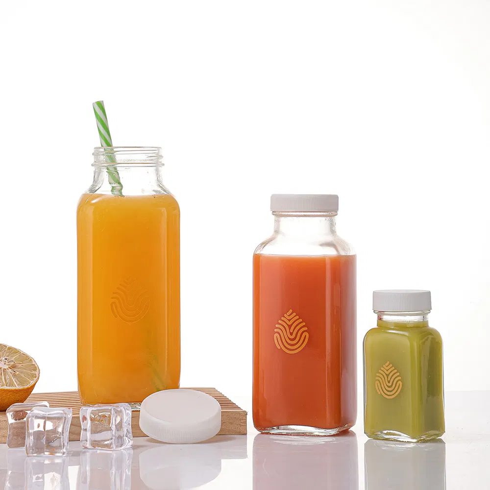 250ml 350ml 500ml Clear Square Juice Milk Beverage Glass Bottle with Plastic Cap