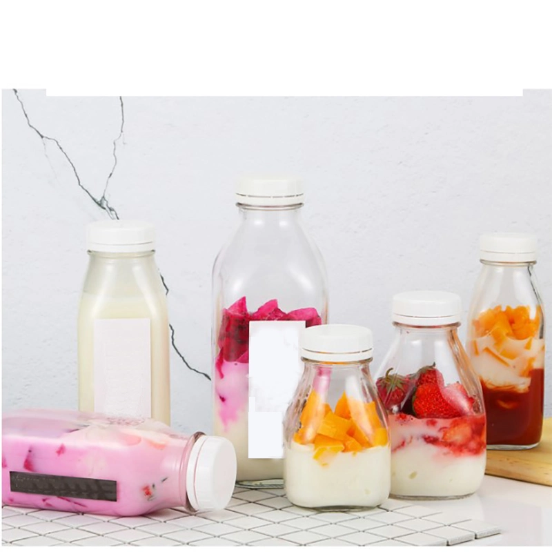 10oz Square Glass Milk Beverage Bottle with Safety Plastic Cap