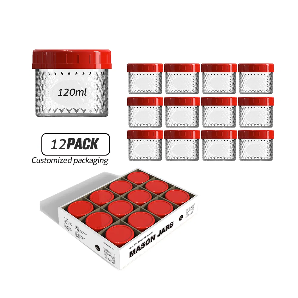 Reusable 120ml 4oz Round Wide Mouth Mason Jar Glass Food Storage Container with Red Plastic Lid for Jam Jelly Pickle Caviar Honey Spice