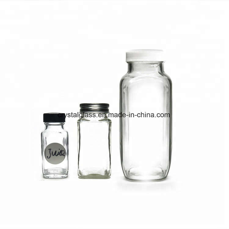 6oz 8oz 12oz French Square Glass Juice Bottle with Plastic/Aluminum Lid Cap