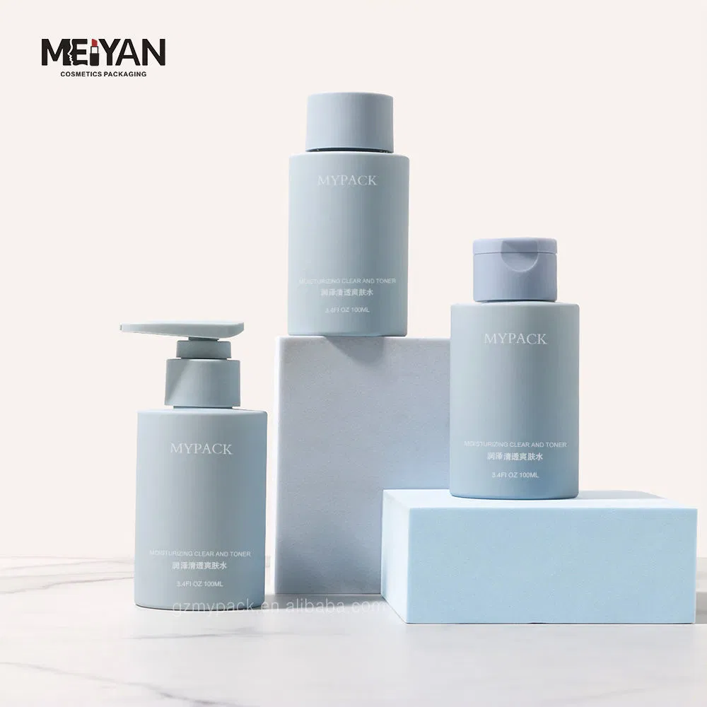 Mypack Blue Soft Touch Eco Friendly Pet Plastic Bottle Luxury Smooth Plastic Flip Top Cap for Cosmetic Bottles 100ml