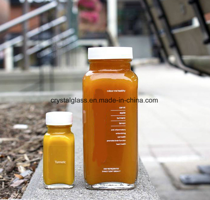 6oz 8oz 12oz French Square Glass Juice Bottle with Plastic/Aluminum Lid Cap