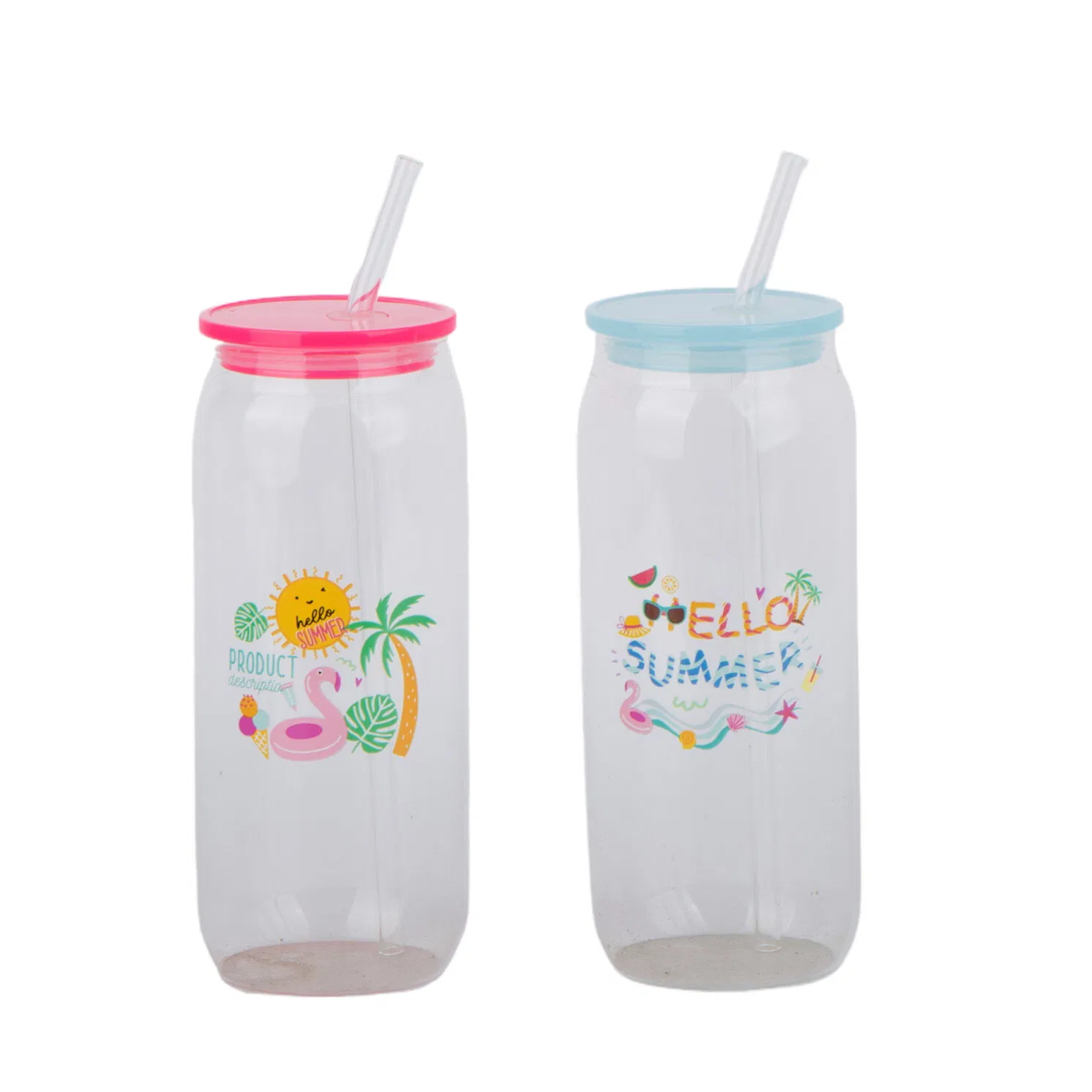 Borosilicate Colored Glass Bottle Cup with Glass Straw and Plastic Lid Decal Printing Drinking Glass