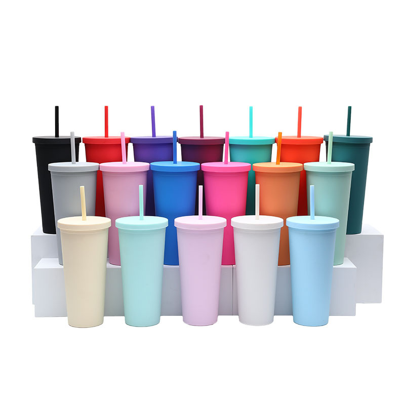 16oz BPA Free Kids and Adults Colored Double Wall Plastic Cup Outdoor Drinking Plastic Acrylic Water Bottles