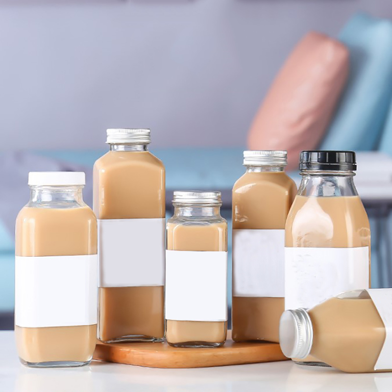 10oz Square Glass Milk Beverage Bottle with Safety Plastic Cap