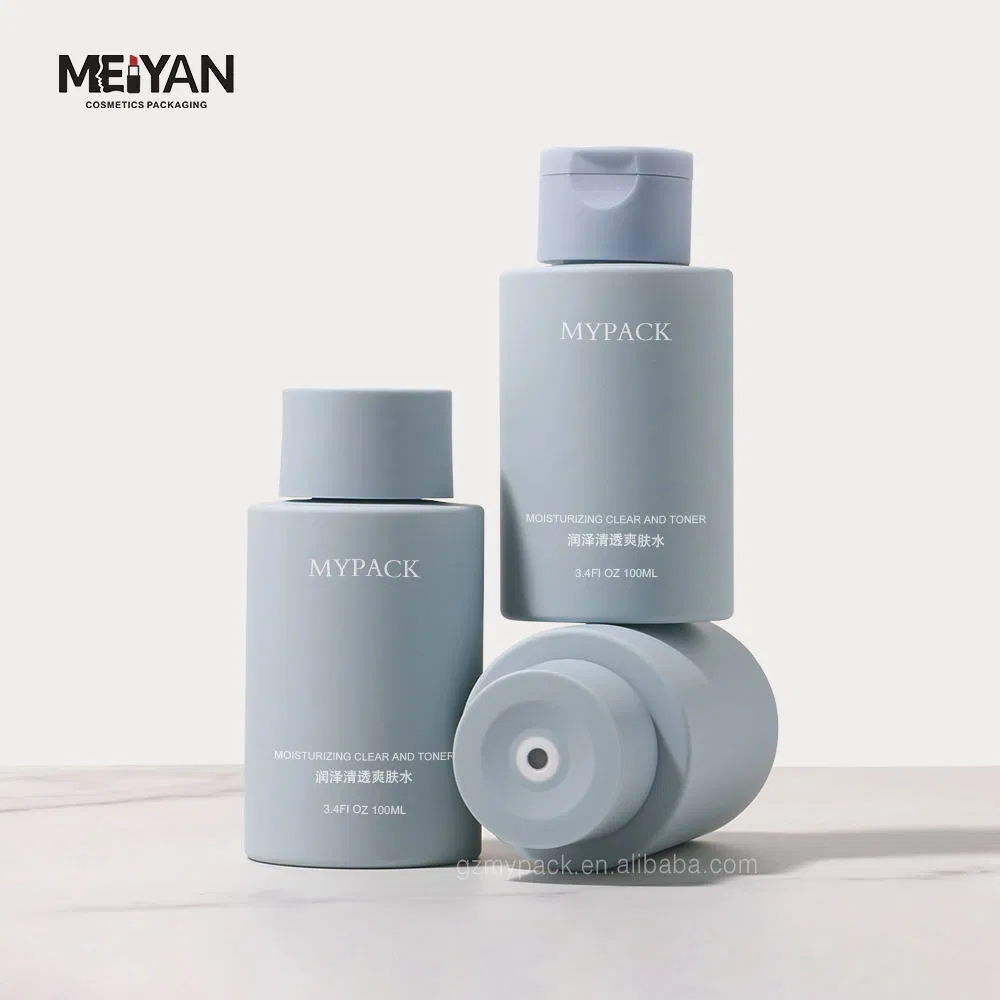 Mypack Blue Soft Touch Eco Friendly Pet Plastic Bottle Luxury Smooth Plastic Flip Top Cap for Cosmetic Bottles 100ml