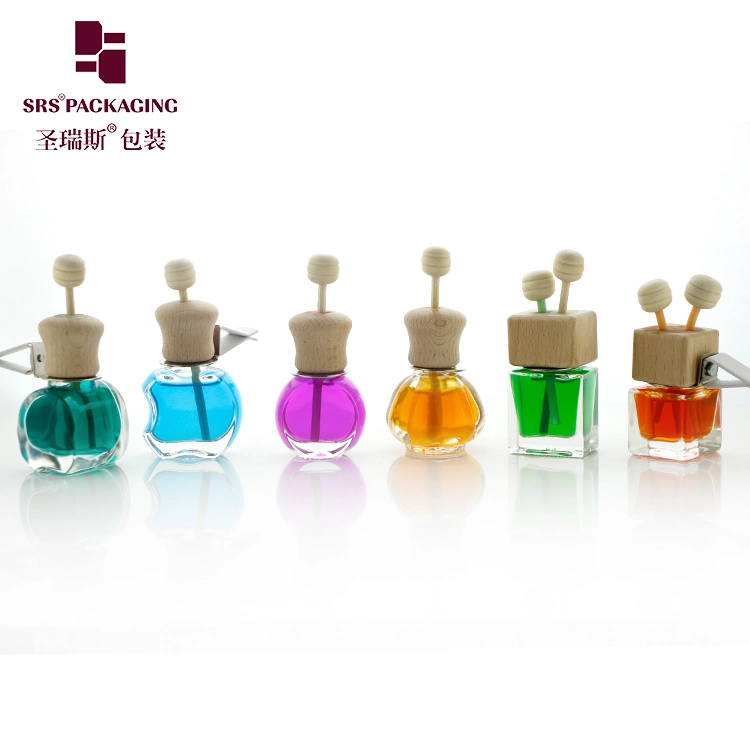 6ML 8ML10ML Wholesale Round Square Cosmetic Packaging Wooden Plastic Lid Dropper Car Perfume Fragrance Essential Oil Diffuser Hanging Empty Glass Mini Bottle