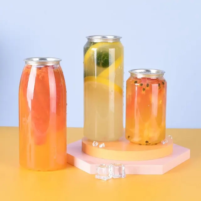 Pet Clear Customized Food Can 330ml 500ml Plastic Beverage Can with Aluminum Sealer