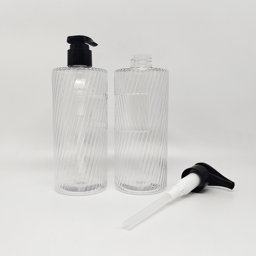 Cosmetic Packaging 500ml Pet Plastic Unique Water Ripple Shape Shampoo Transparent Color Bottle with Black Lotion Pump Sugarcane, Biodegradable PLA