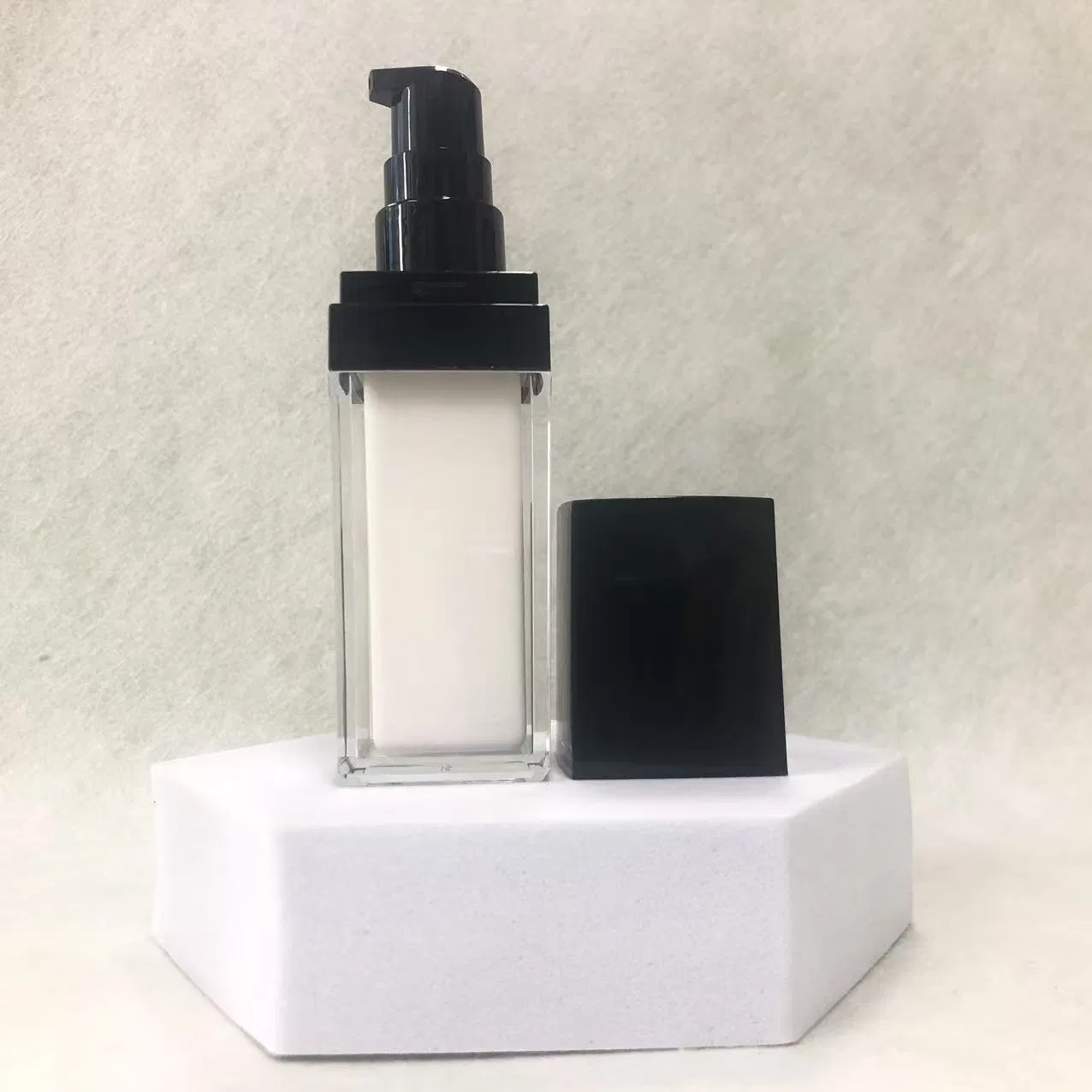 Black and White Square - Shaped Plastic Cosmetic Lotion Bottle with Black Pump Multiple Sizes Empty Refillable Customizable for Skincare and Makeup