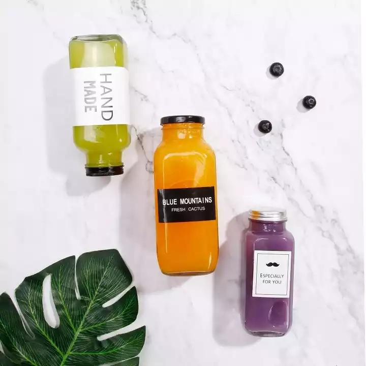 500ml Square Glass Bottle with Plastic Lid and Aluminum Lid Juice Square Bottle Beverage