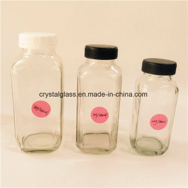 6oz 8oz 12oz French Square Glass Juice Bottle with Plastic/Aluminum Lid Cap