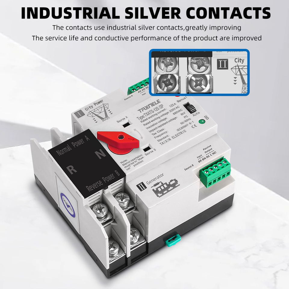 Din Rail Dual Power Automatic Transfer Switch Selector Switches 2P 3P 4P ATS Uninterrupted Power Generator 63A 100A 125A PC Type