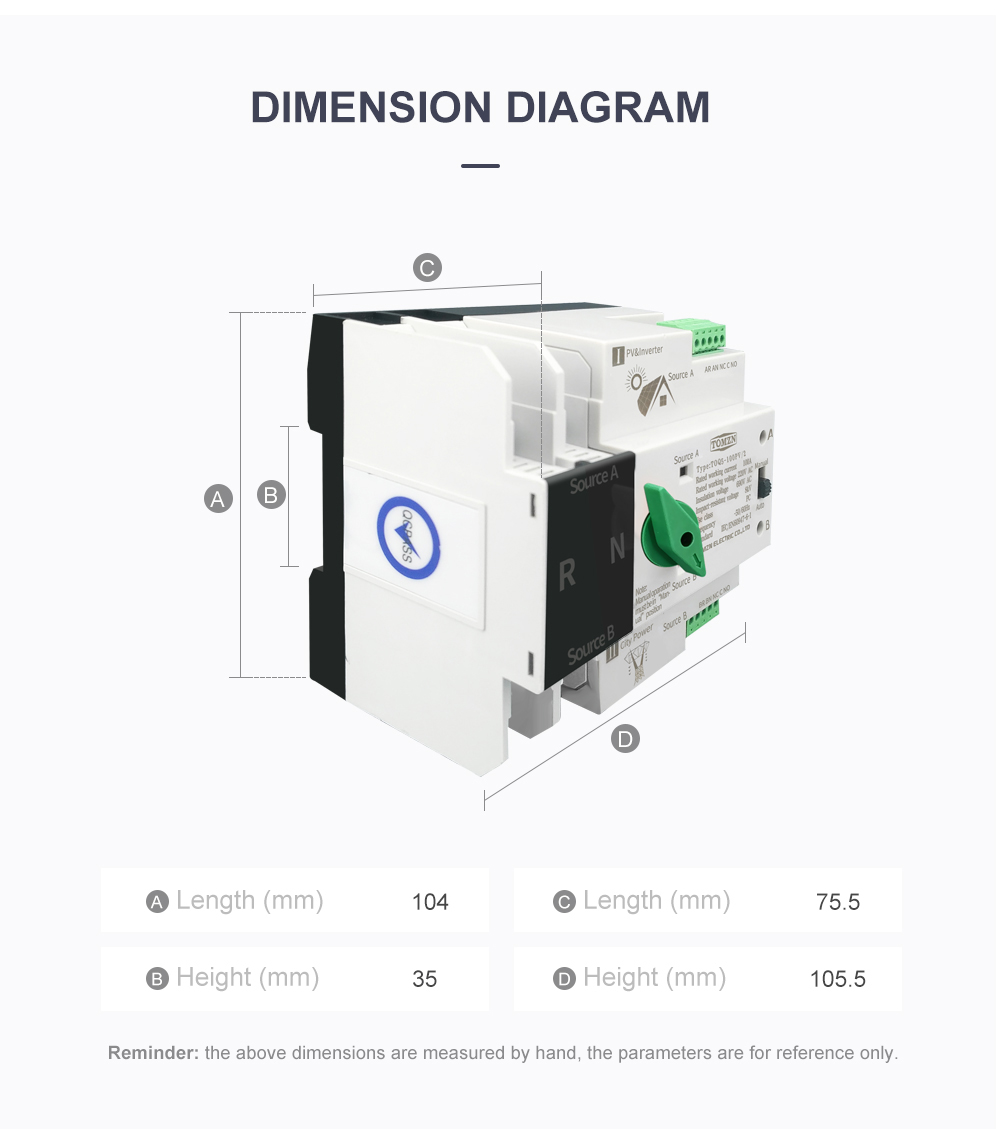 Single Phase Din Rail ATS for PV and Inverter Dual Power Automatic Transfer Selector Switches Uninterrupted 2P 63A 100A 125A