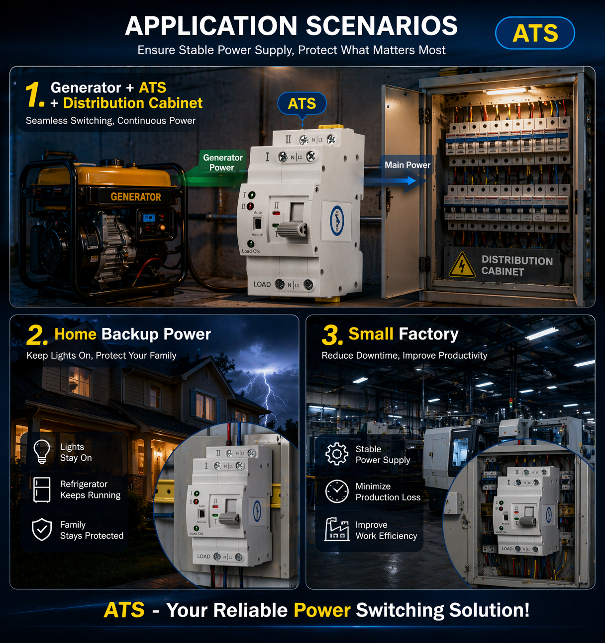 Industrial Automatic PC Transfer Switch 2P 63A 230V Single Phase 5kA Breaking Capacity Dual Power Changeover Switch