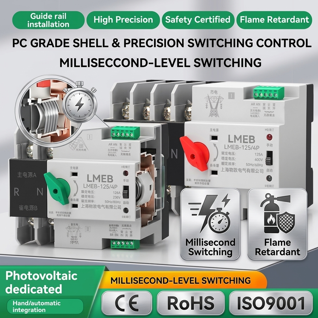 [CE Certified] 63A 100A Photovoltaic Dual Power Automatic Transfer Switch ATS Controller 380V Din Rail Mount Changeover Switch