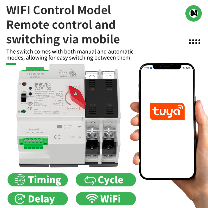 ELEATS Smart WiFi TUYA Automatic Transfer Switch 63A 100A 2P 4P Changeover Switch for Solar System &amp; Distribution