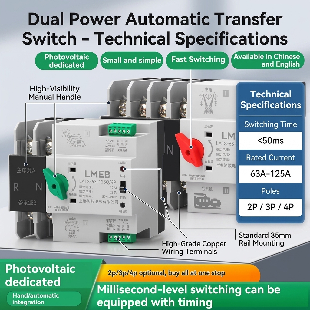 [CE Certified] 63A 100A Photovoltaic Dual Power Automatic Transfer Switch ATS Controller 380V Din Rail Mount Changeover Switch
