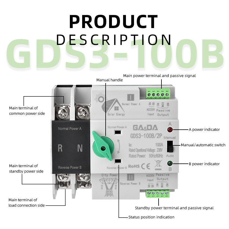 Dual Power Changeover Generator Automatic Transfer Switch Single Phase 2P 63A 100A PC Type for Solar Applications