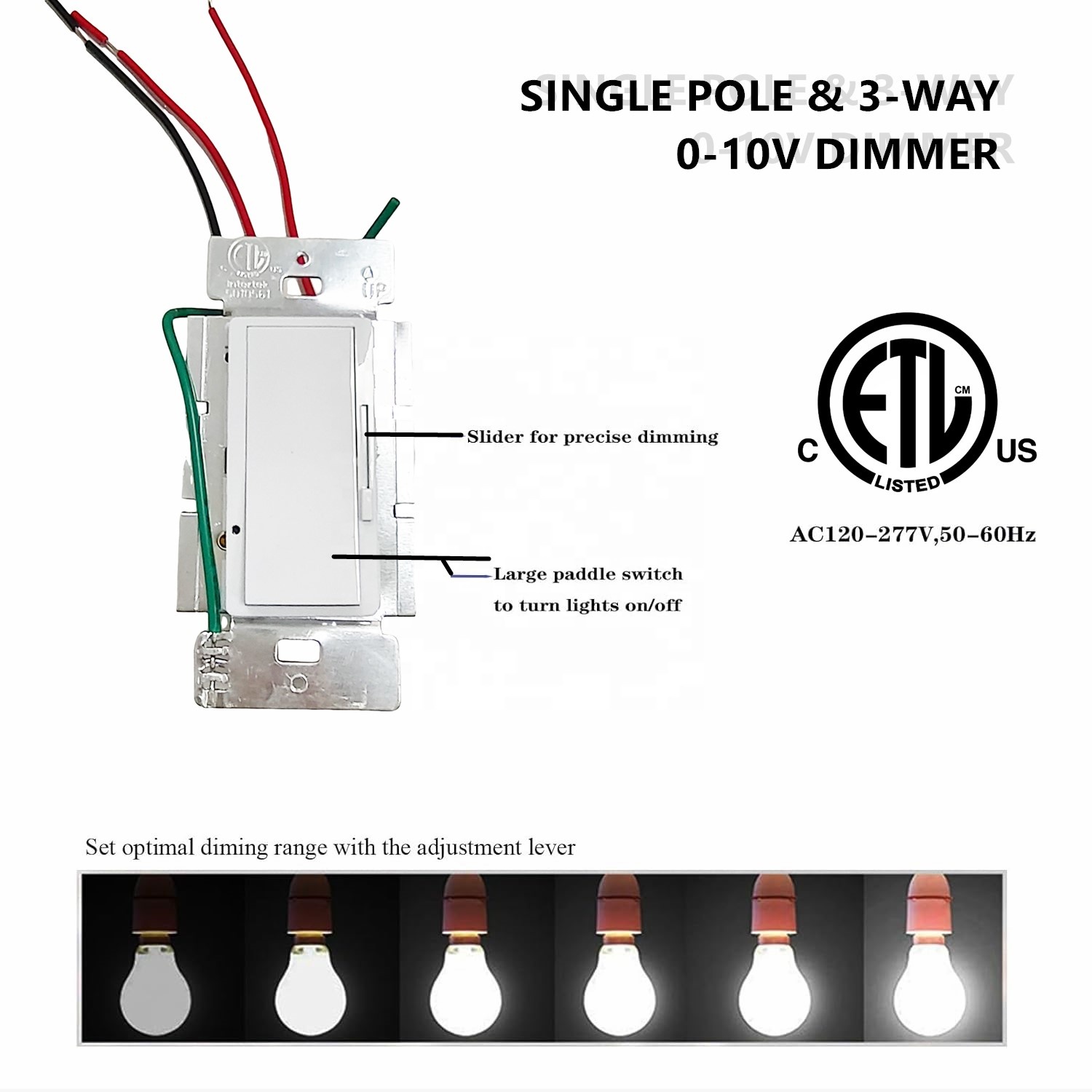 Single Pole 3Way Slide Dimmer Switch 0-10V Dimming Controller LED Incandescent CFL Wall Mounting Rated 10A 5A 120V