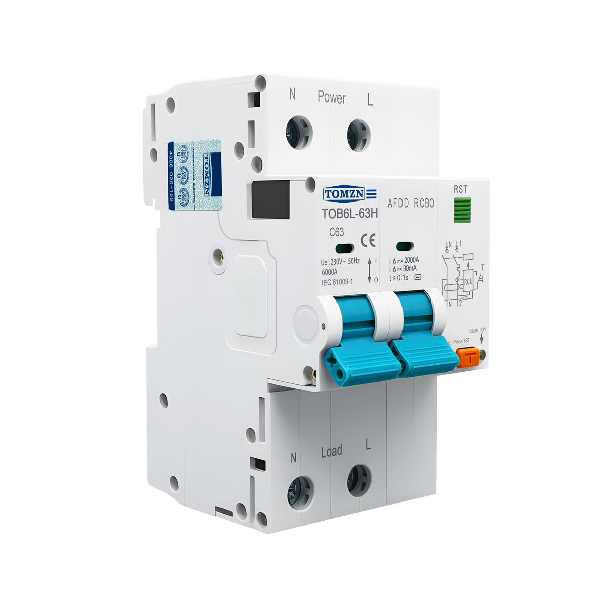 TOMZN Arc Fault Detection Device Residual Current Circuit Breaker with Overcurrent Protection 2P AC230V 10-63A AFDD RCBO 6000A