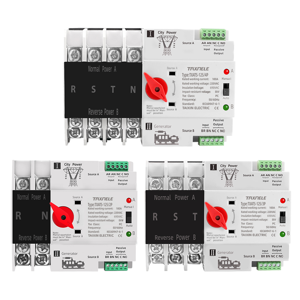 Din Rail Dual Power Automatic Transfer Switch Selector Switches 2P 3P 4P ATS Uninterrupted Power Generator 63A 100A 125A PC Type