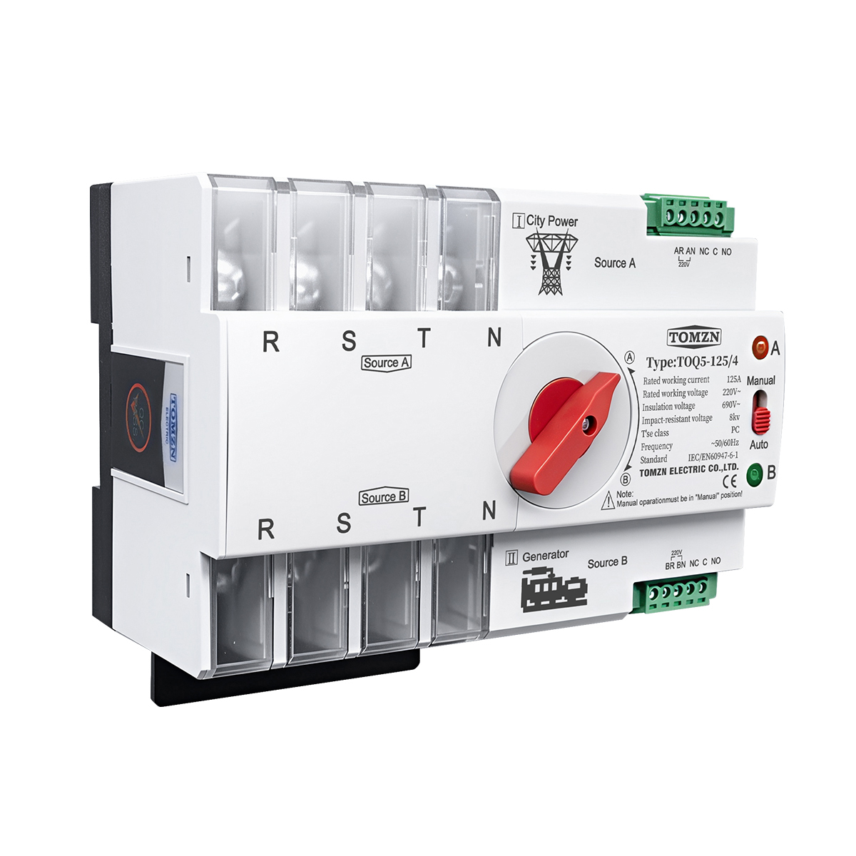 TOMZN Din Rail 2P 3P 4P ATS Dual Power Automatic Transfer Switch Electrical Selector Switches Uninterrupted Power 63A 100A 125A