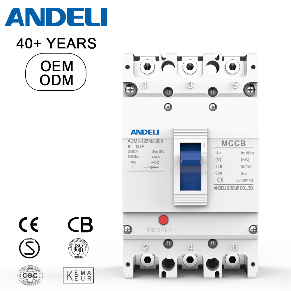 ANDELI ADM3-125M-3300 3-Pole 4-Pole MCCB Circuit Breaker 35kA Breaking Capacity 400/690V Rated Voltage 50/60Hz AC Moulded