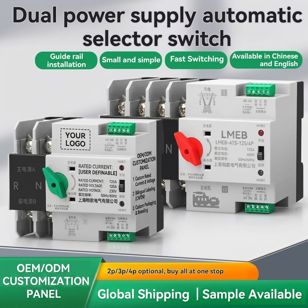 [CE Certified] 63A 100A Photovoltaic Dual Power Automatic Transfer Switch ATS Controller 380V Din Rail Mount Changeover Switch