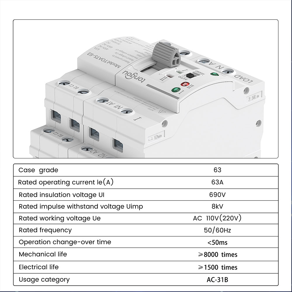 Chayo 2P 63A Automatic Transfer Switching (ATS) 110VAC 220VAC Dual Power PC Type Switch with White Housing DIN-Rail Mounting